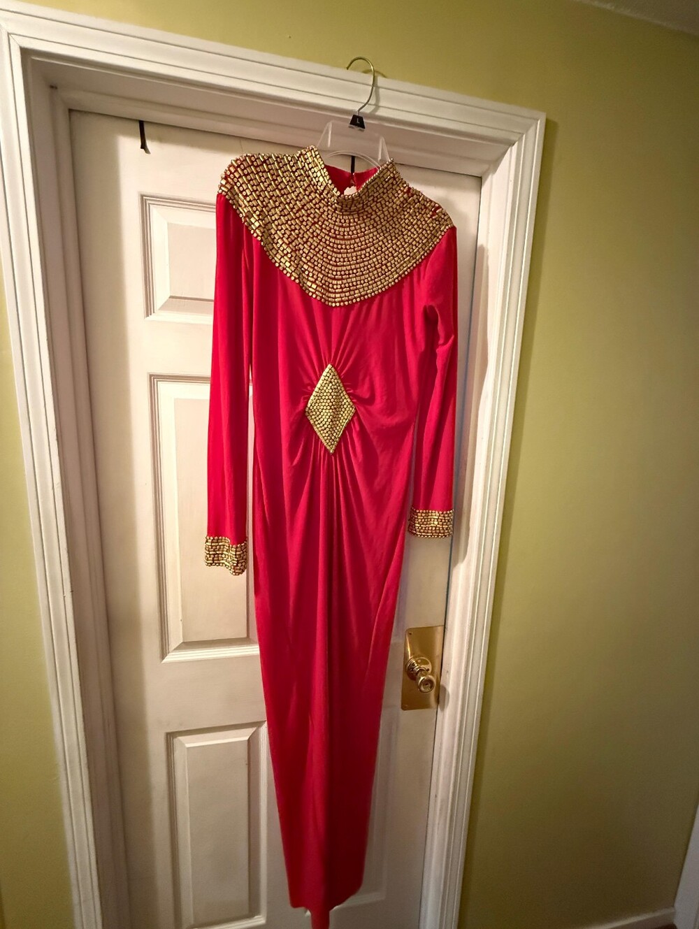 Red Long Sleeve Maxi Dress with Gold Embellished Collar